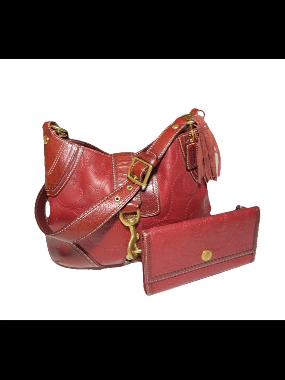 Coach Hamptons Shoulder Bag & Wallet Set,Deep Red Embossed Leather, Chunky Brass